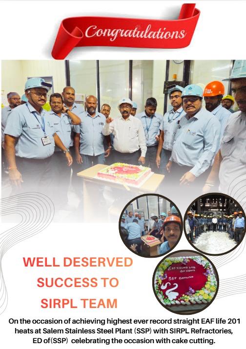 Congratulations — record straight EAF life 201 heats at Salem Stainless Steel Plant